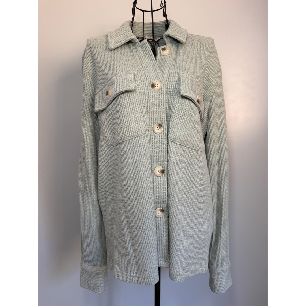 Mystree Sage Green Waffle Knit Shacket Button Down Shirt Jacket Medium 60530